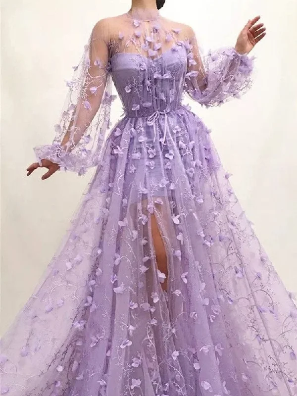 FashionSierra - Autumn New Long Sleeve Purple Appliques Slim Prom Dress