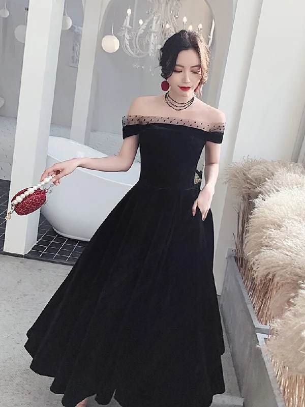 FashionSierra - Burgundy Black Velour Boat Neck Dots Lace A-line Prom Gowns