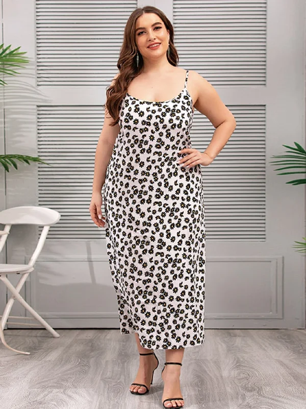 KittenAlarm - Plus Size Oversize Satin Silky Print Cami Dress Loungewear