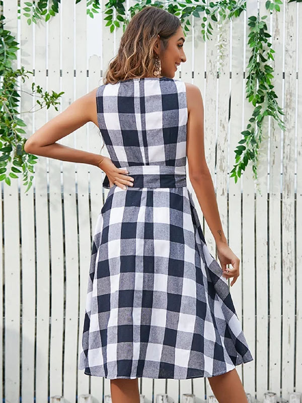 KittenAlarm - Plaid Zip Back Flare Dress with Waist Belt