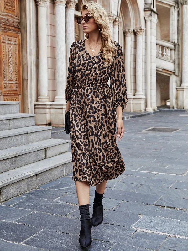 KittenAlarm - Leopard Surplice Neck Elastic Waist Dress