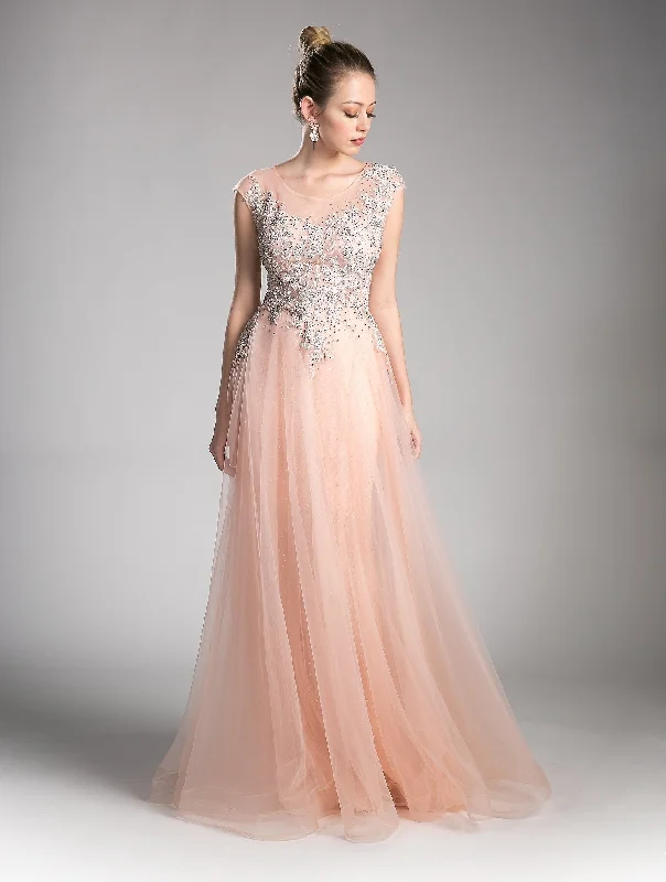 Beaded Cap Sleeve Tulle Gown by Cinderella Divine 8992