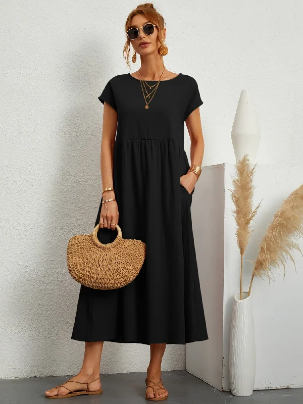 Casual Loose Short Sleeve Crew Neck Pockets Maxi Dress