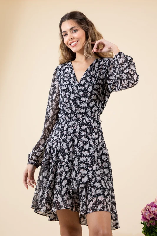 CHIFFON FLORAL PRINT DRESS | BLACK