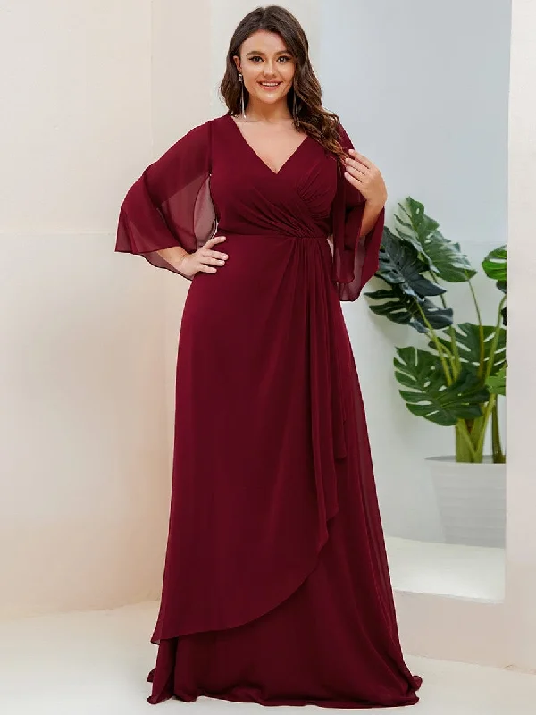 Elegant V-Neck A-Line Bridesmaid Gown with Long Ruffled Sleeves