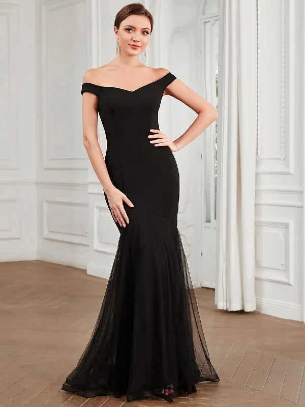 Elegant Off-Shoulder V Neck Fishtail Evening Gown