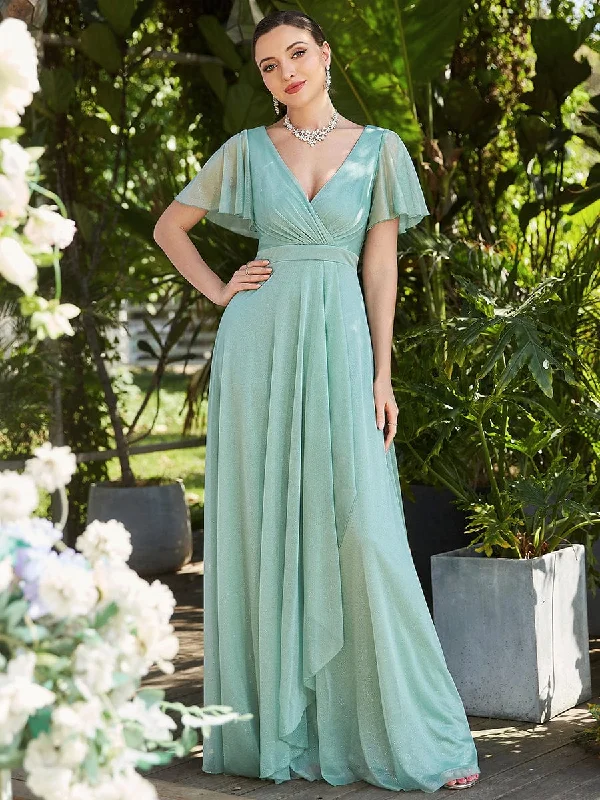 V Neck Bridesmaid Dresses with Short Ruffles Sleeves