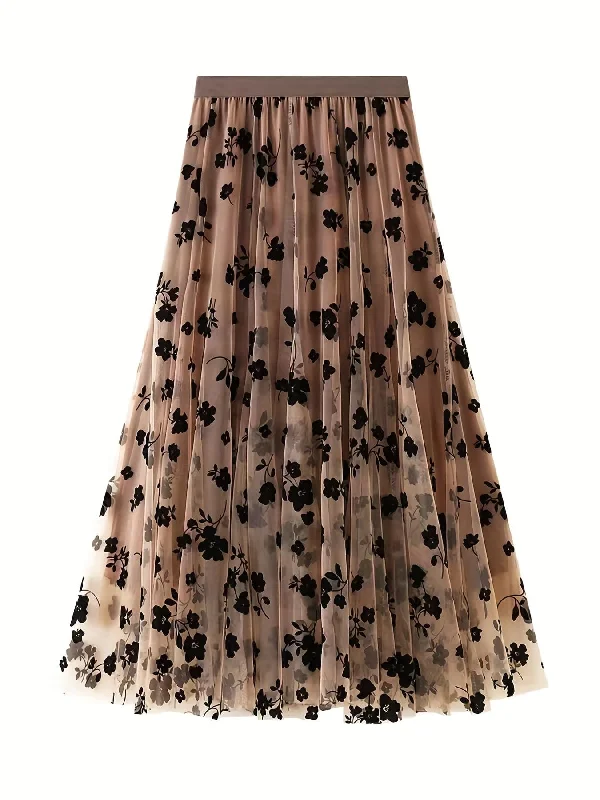 Elegant Mesh Flower Print Long Dress with High Waist