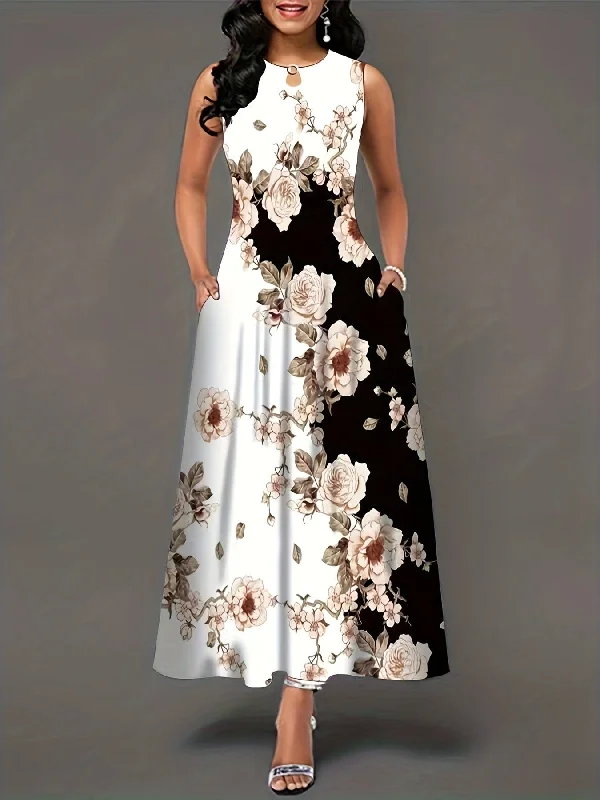 Elegant Floral Print Sleeveless Keyhole Neckline Pockets Maxi Dress