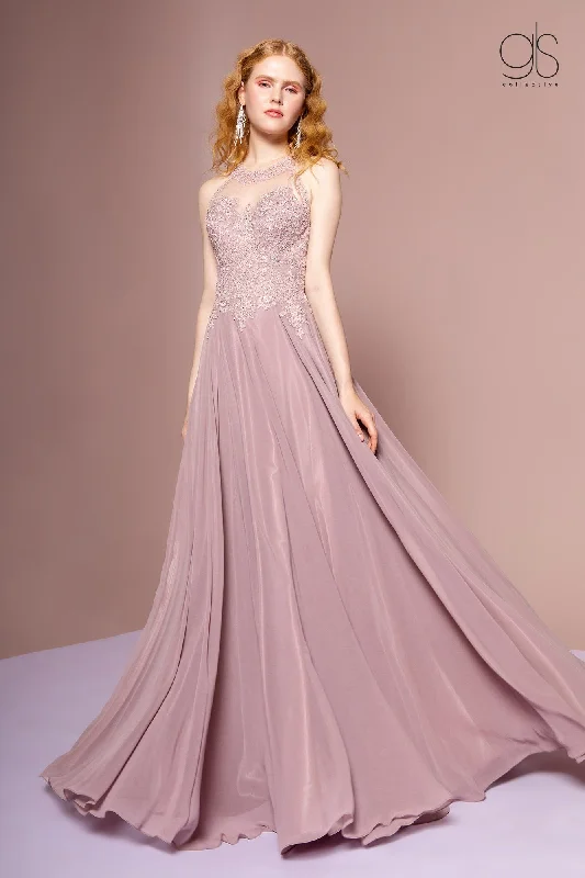 Long High Neck Dress with Sheer Applique Top by Elizabeth K GL2690