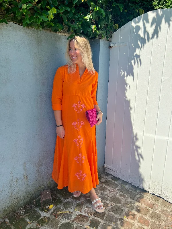 Mallory Maxi Dress Orange with Pink Embroidery