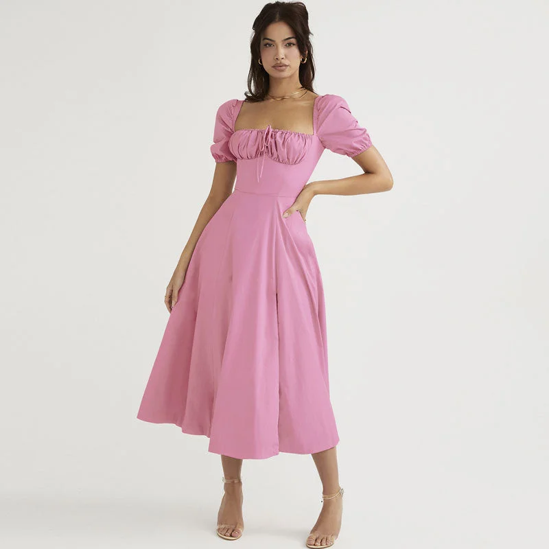 Puff Sleeve Tie Front High Split Off Shoulder Midi Sundress - Pink