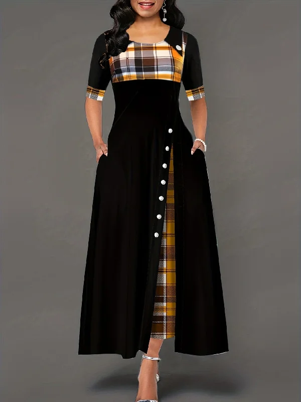 Plaid Print Splicing Crew Neck Short Sleeve Slit Maxi Dress