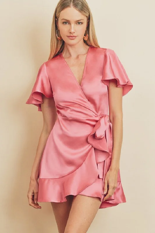 SATIN FLUTTER SLEEVE MINI DRESS | PINK