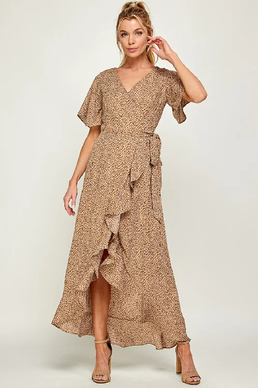 SILKY PRINT WRAP MAXI DRESS | CAMEL