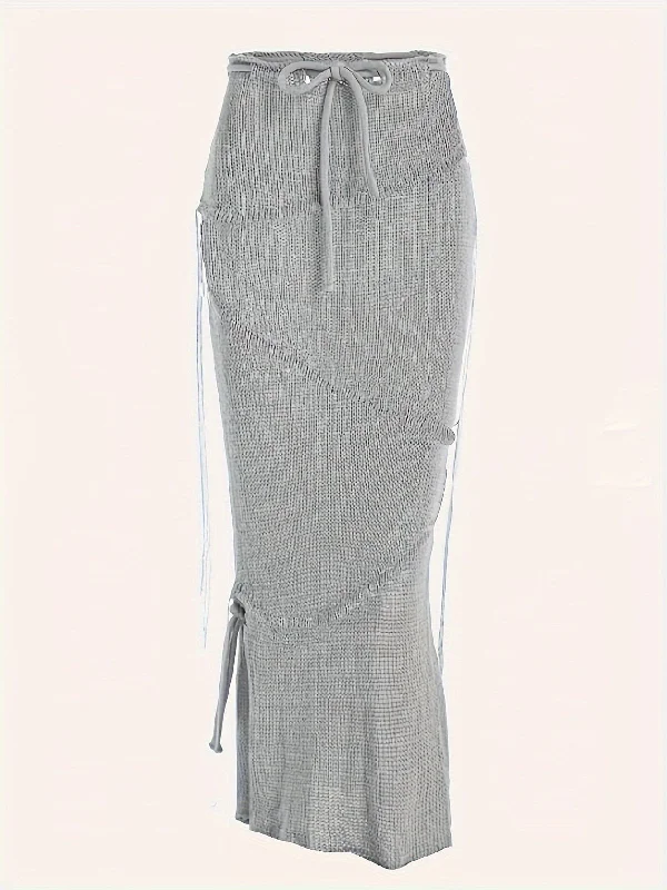 Solid Knitted Drawstring Waist Side Shirring Maxi Dress