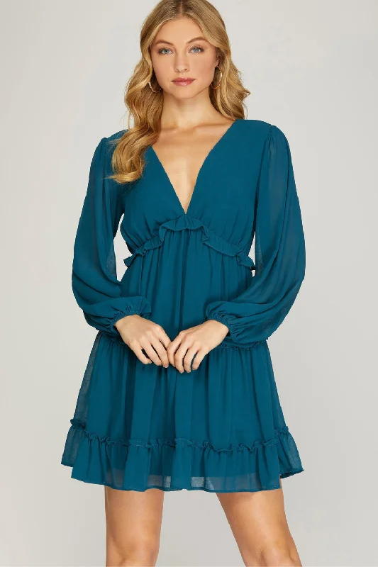 CRINKLED CHIFFON RUFFLE DRESS | TEAL