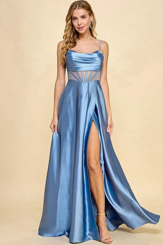 DUSTY BLUE CORSET SLIT GOWN