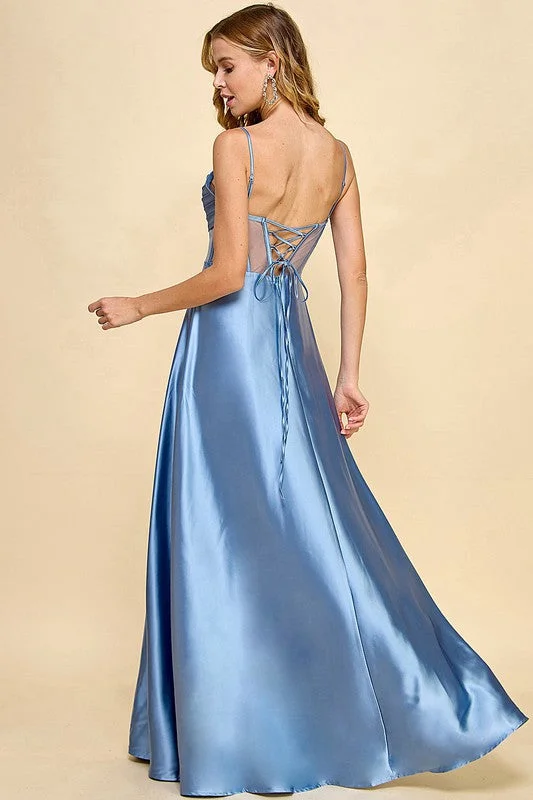 DUSTY BLUE CORSET SLIT GOWN